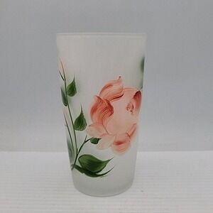 Vtg Frosted‎ Drinking Glass Handpainted Pink Flowers Hazel Atlas